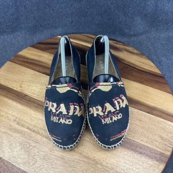 Prada Black Canvas Milano Logo Embroidered Espadrille Slip On Flats Women’s 7.5 - Picture 4 of 12